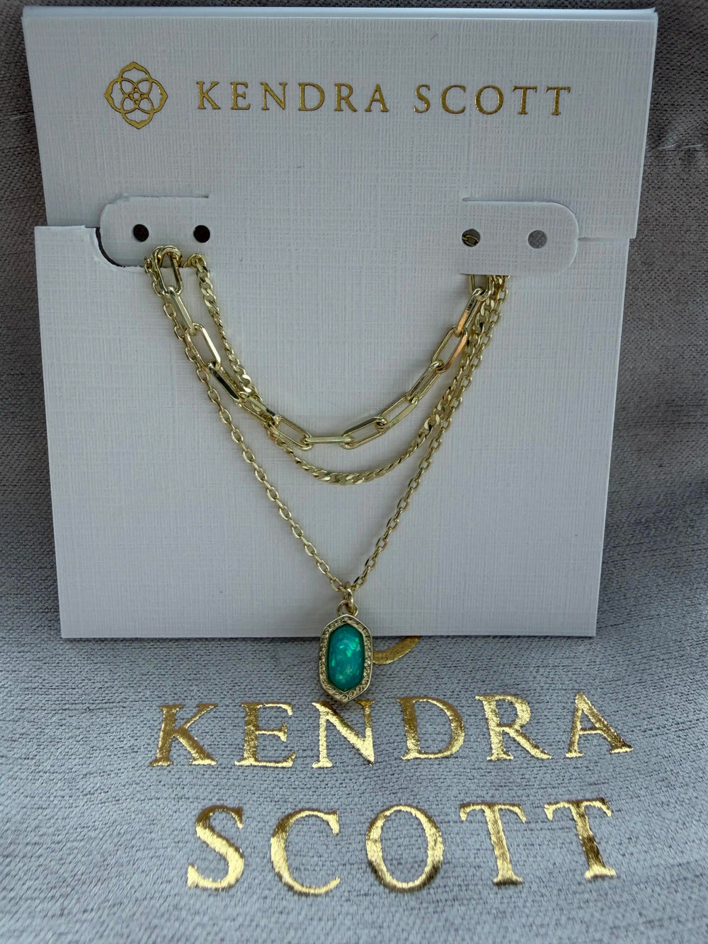 Kendra Scott Elisa pendant multi-strand necklace with coral and green gemstones