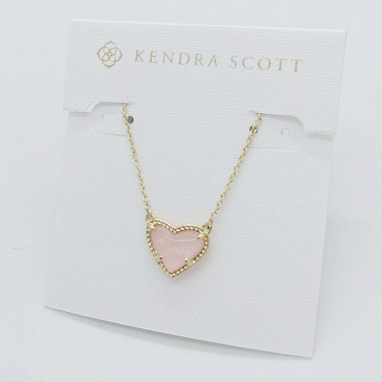 New Kendra Scott Ari Heart Gold Plated Necklace in Pink Quartz