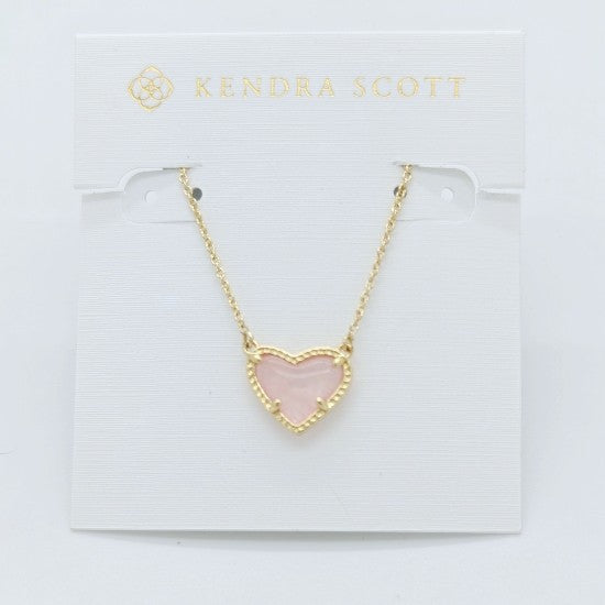 New Kendra Scott Ari Heart Gold Plated Necklace in Pink Quartz